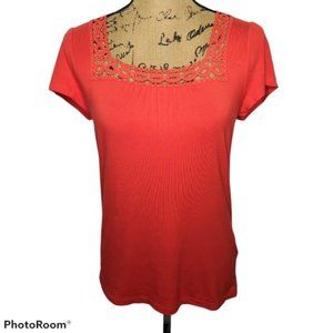 *Banana Republic Lace Trim Square Neck Orange Soft Short Sleeve Blouse Small